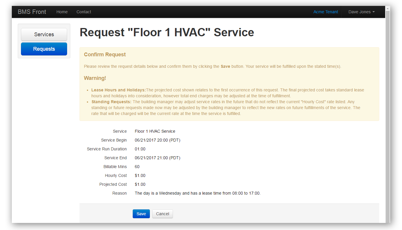 Tenant make service request screen