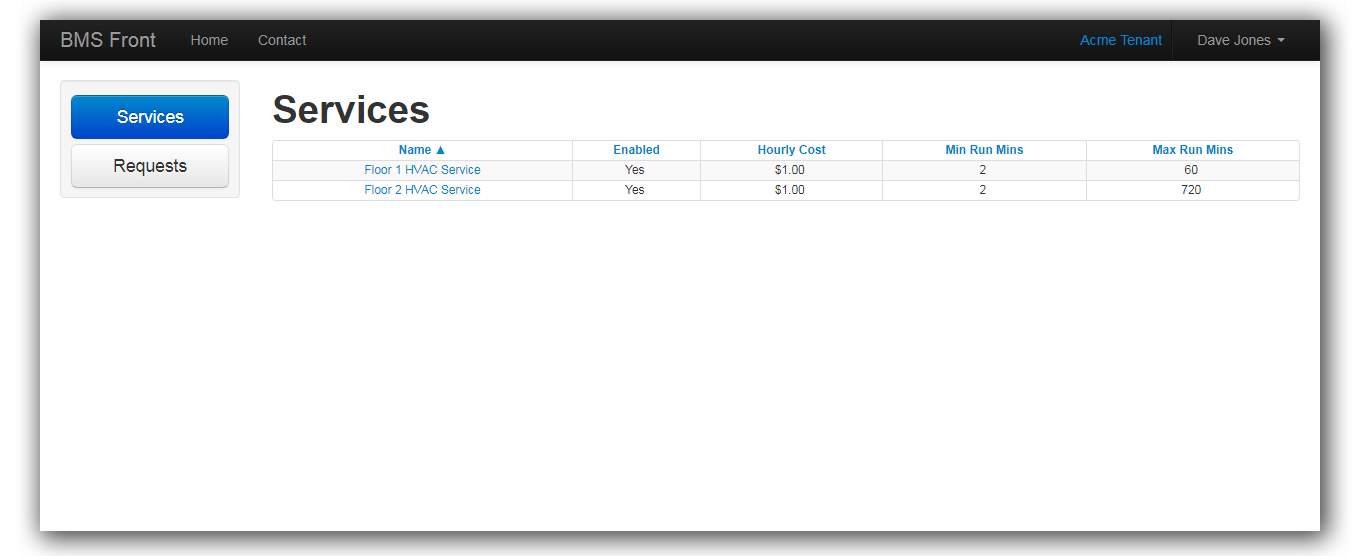 Tenant services screen